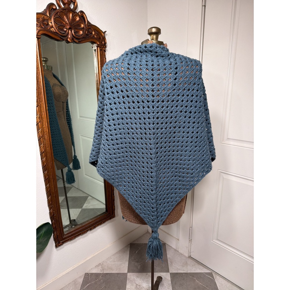 Handmade Crochet Triangle Shawl Dusty Blue Tassel Granny Stitch Wrap Scarf